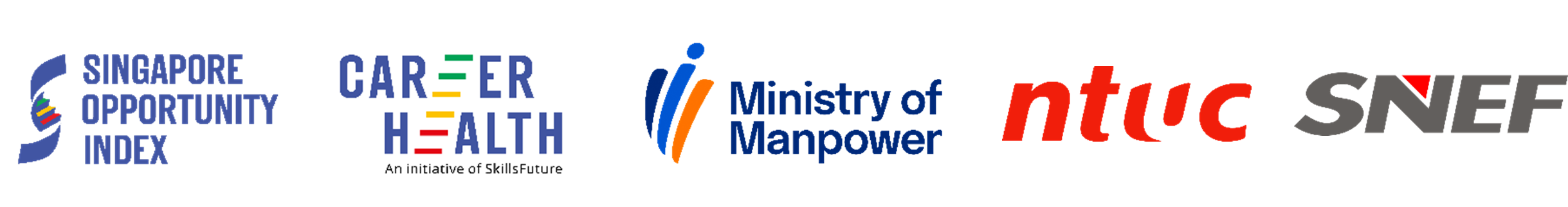 Logos for Singapore Opportunity Index, Caeer Health, Ministry of Manpower, NTUC and SNEF